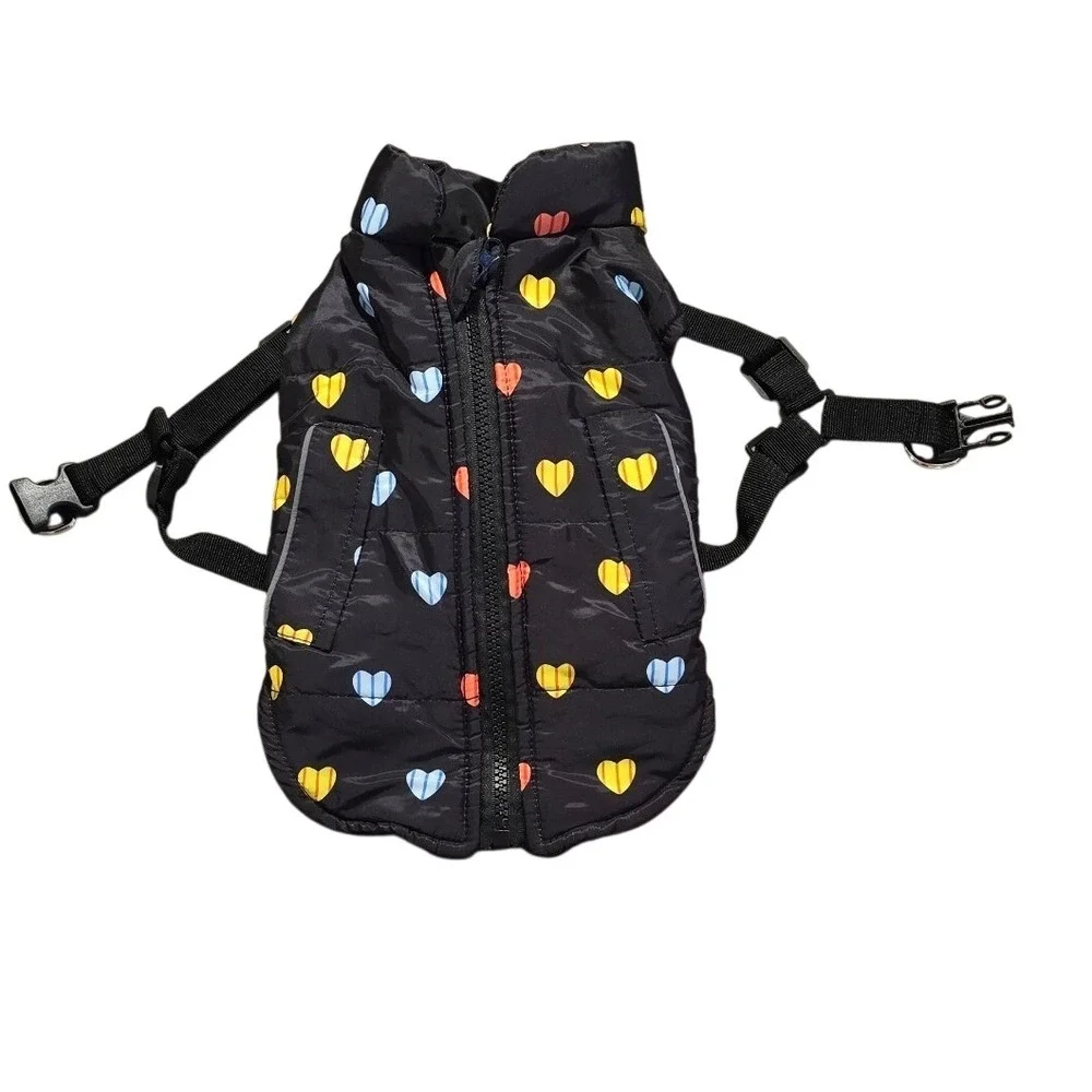 Black Heart Print Dog Puffer Vest Jacket with Built-in Harness Fleece top zip‎